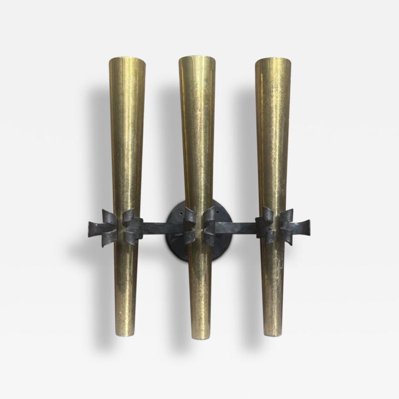 1950s French Brass and Wrought Iron Torchi re Wall Sconce