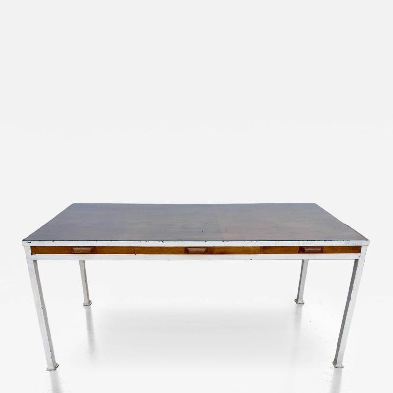1950s French Modernist 3 Drawer Sleek Oak and Metal Frame Desk