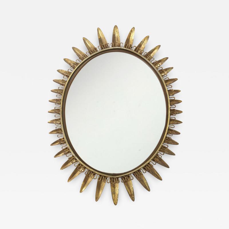 1950s French Patinated Brass Oval Starburst Mirror in Original Condition 