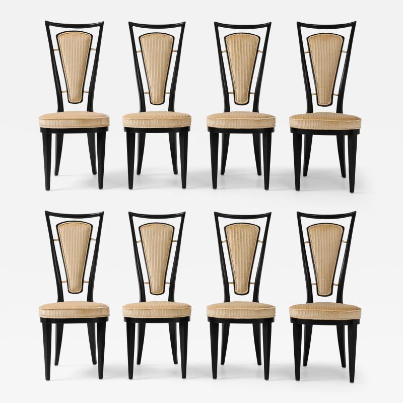 1950s High Back Italian Black Lacquer Dining Chairs Set Of 8