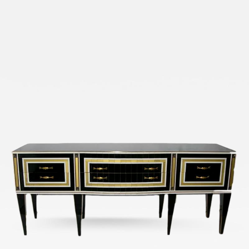 1950s Italian Art Deco Style Black Glass Sideboard with White and Bronze Insets