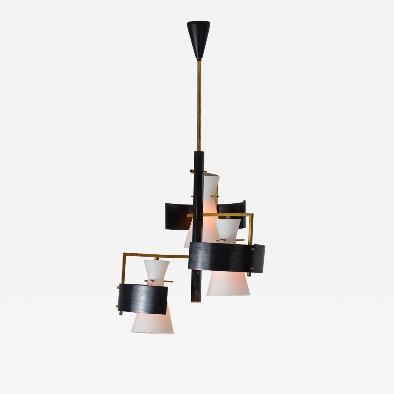 1950s Italian Brass Black Lacquered Chandelier with Opaline Glass Shades