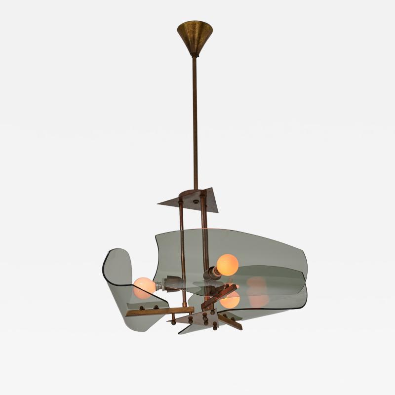 1950s Italian Brass Chandelier with Curved Smoked Glass Shades 3 Light