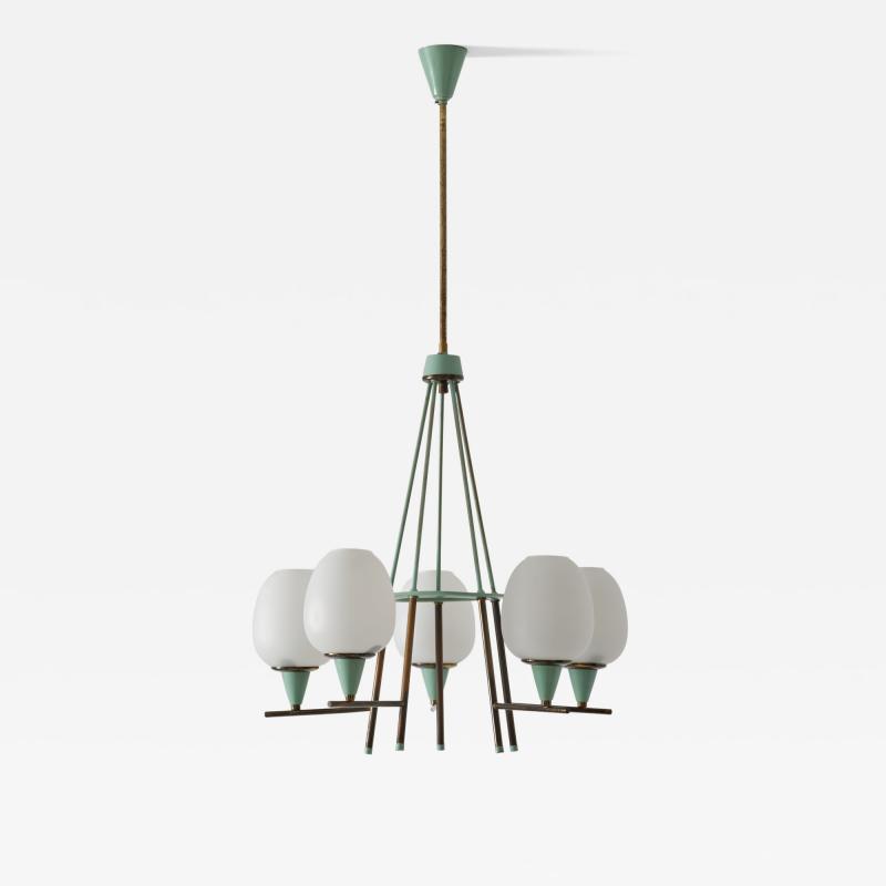 1950s Italian Brass Green Lacquered Metal and Opaline Glass Chandelier