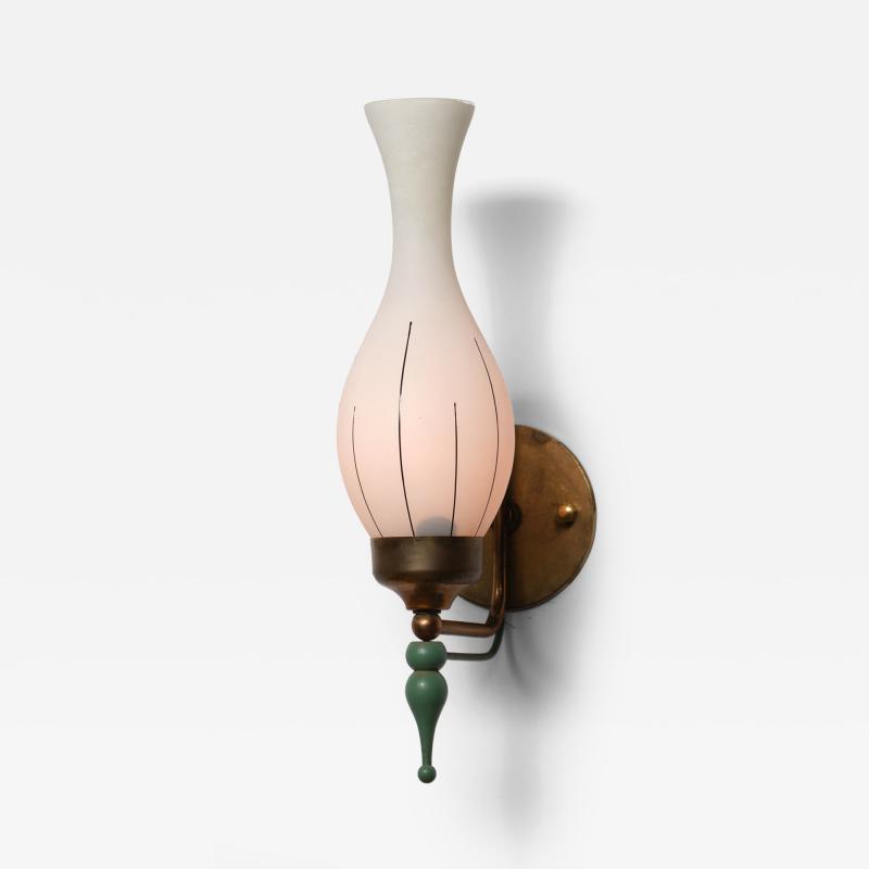 1950s Italian Brass and Green Enamel Wall Sconce with Sculpted Opaline Shade