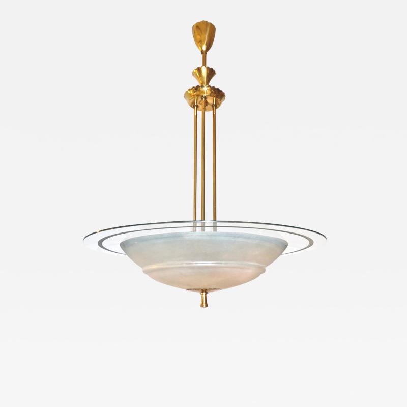 1950s Italian Brass and White Frosted Murano Glass Saucer Chandelier Pendant