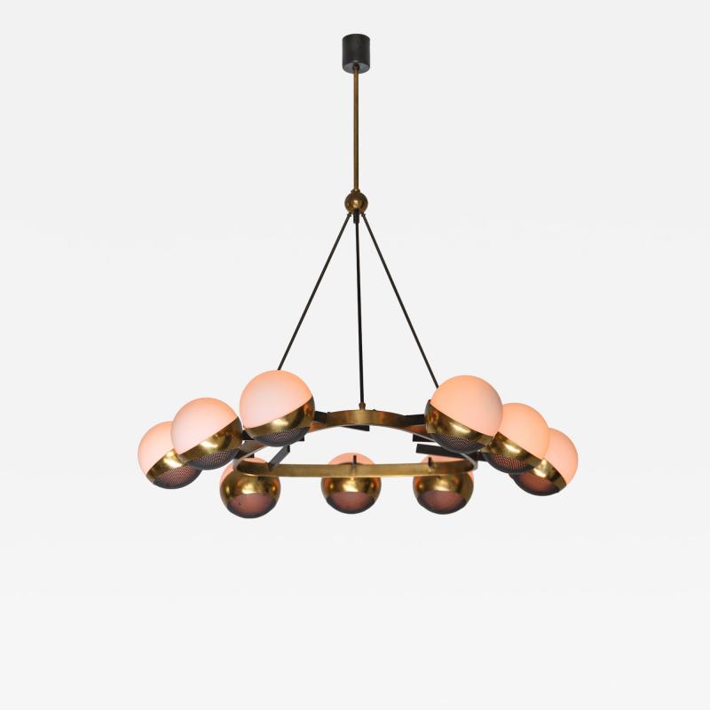 1950s Italian Chandelier by Stilnovo in Brass Black Enamel and Opaline Glass