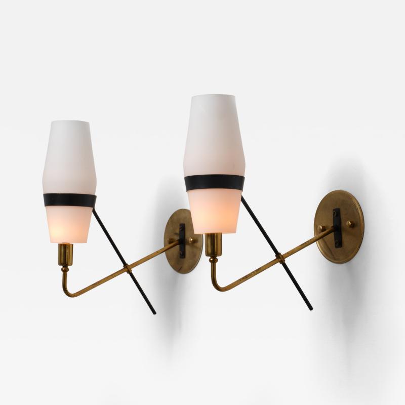 1950s Italian Stilnovo Brass and Opaline Glass Wall Sconces