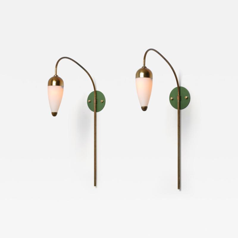 1950s Italian Wall Sconces in Brass Green Lacquered Brass and Opaline Glass