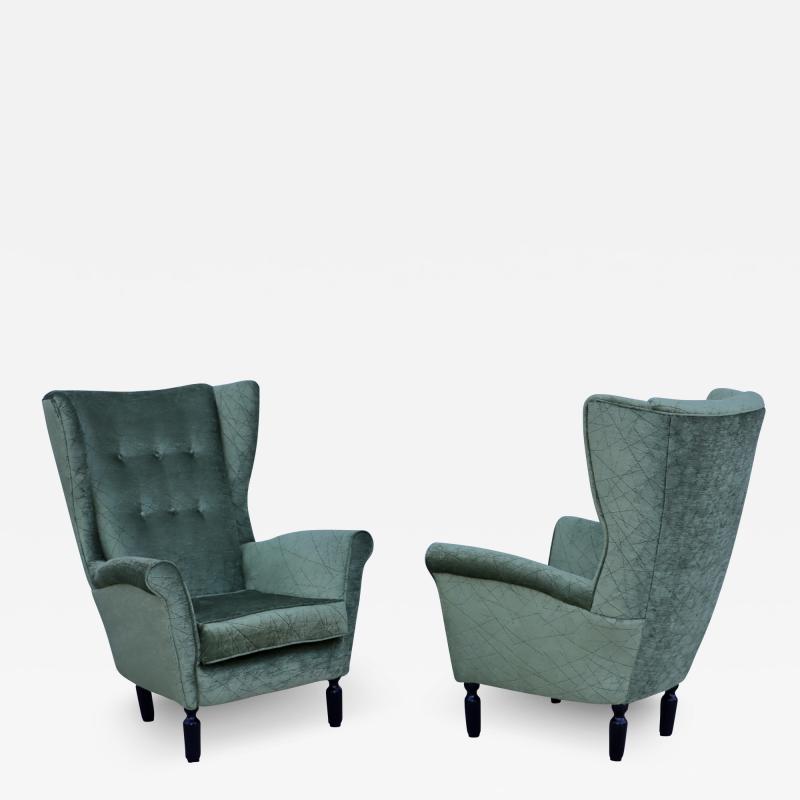 1950s Italian Wing back Lounge Chairs In Velvet Fabric