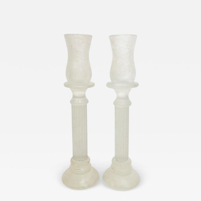 1950s Mid Century Modern Italian White Grey Scavo Murano Glass Pair Candlesticks