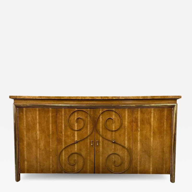 1950s Neoclassical Revival Sideboard in Pecan and Burl with Brass Scroll Details