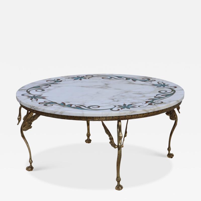 1950s Solid Brass Swan Legs Italian Coffee Table With Inlay Carrara Marble Top