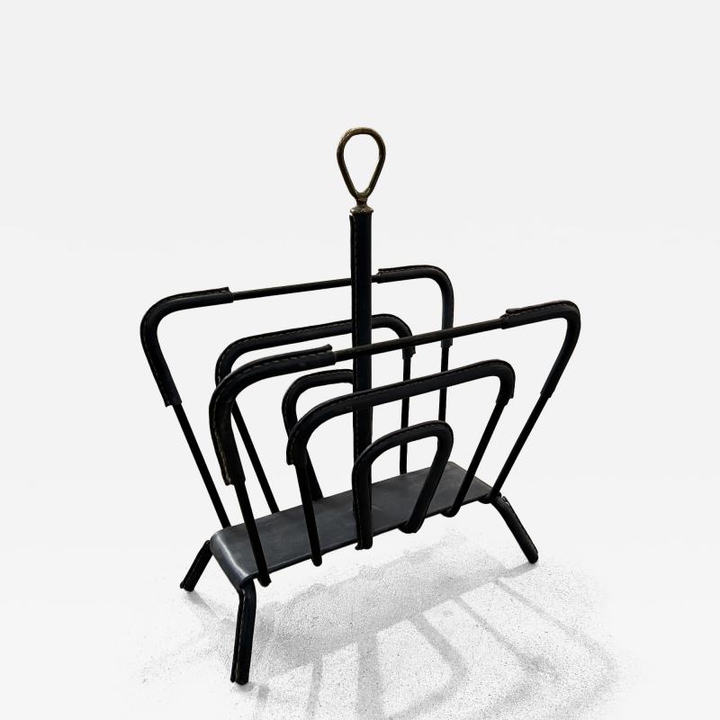 1950s Stitched Leather Magazine Rack by Jacques Adnet