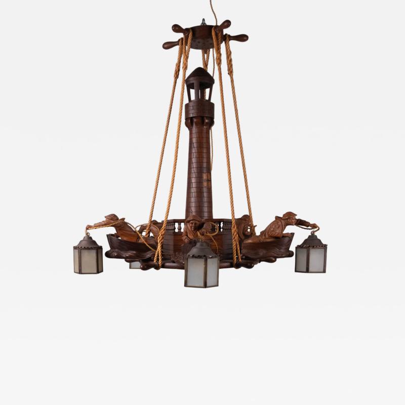 1950s wooden maritime hanging light France