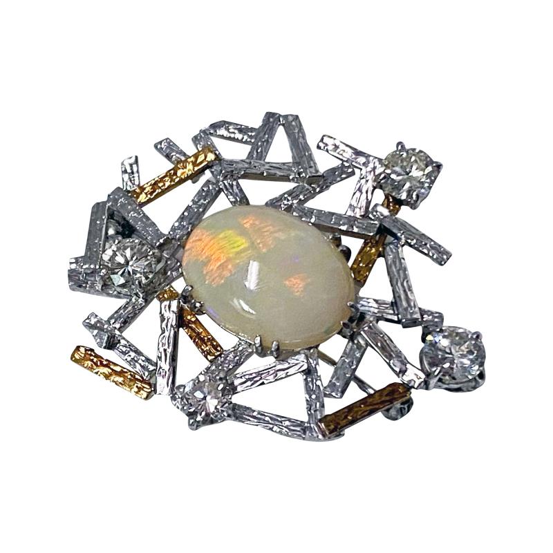 1960 s Opal and Diamond 18K Brooch Pendant