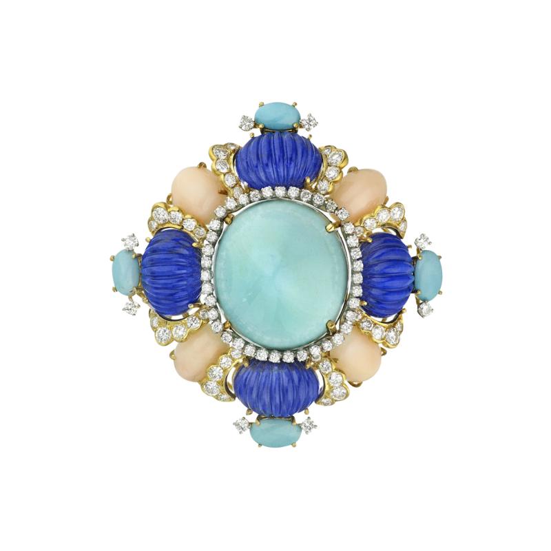 1960S 18K YELLOW GOLD 4 CARAT BABY CORAL LAPIS TURQUOISE DIAMOND BROOCH