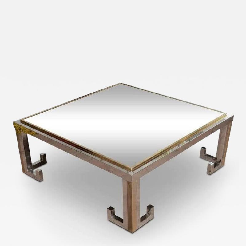 1960S GLASS COFFEE TABLE WITH CHROME AND BRASS GREEK KEY DESIGN