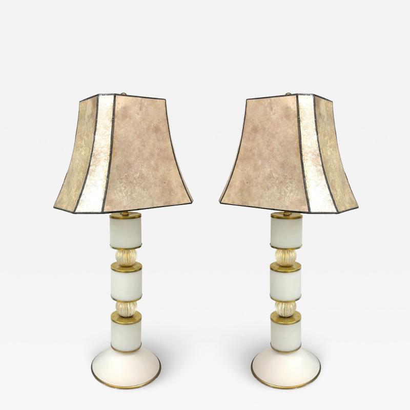 1960s Albarelli Italian Pair Tall Matte White Gold Murano Glass Table Lamps