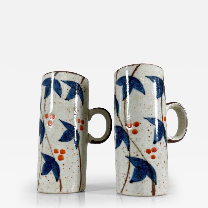 1960s Asian Blue MCM Organic Stoneware Pottery Coffee Mugs Hand Painted