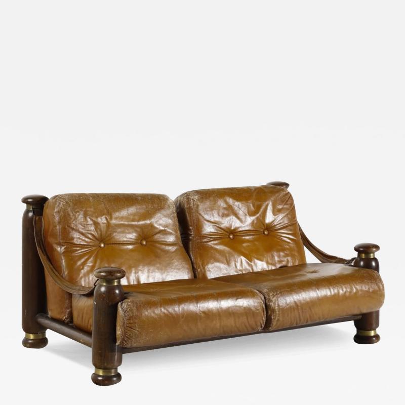 1960s Brazilian leather and rosewood 2 seat sofa