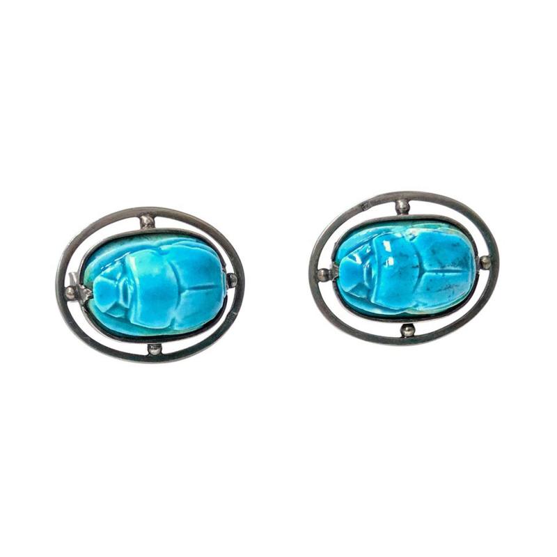 1960s Egyptian Revival Silver Turquoise Scarab Cufflinks