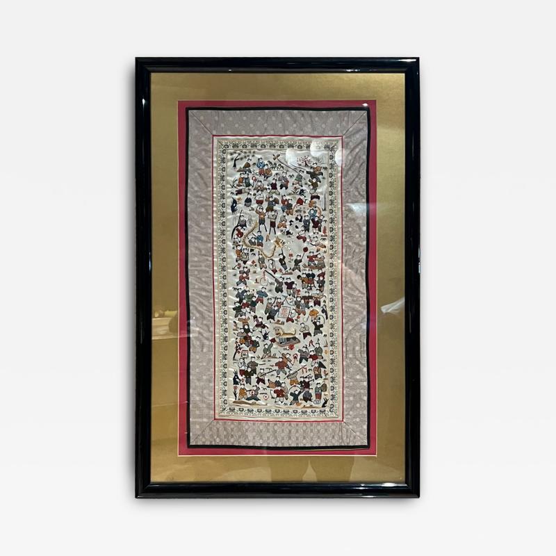 1960s Fine Chinese Silk Art Embroidered Tapestry Framed Panel Village Folk