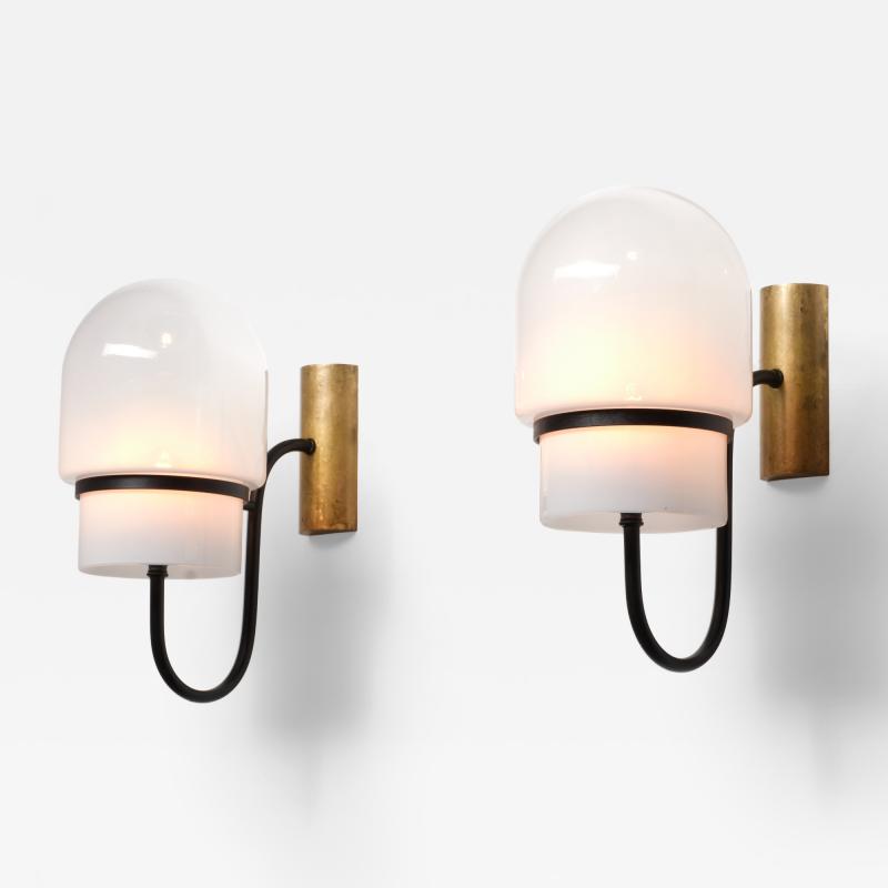 1960s Italian Modern Wall Sconces in Black Enamelled Brass Brass and Glass