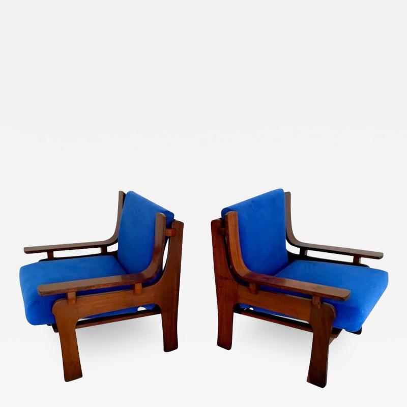 1960s Italian Pair Vintage Cobalt Blue Velvet Veneer Rosewood Modern Armchairs