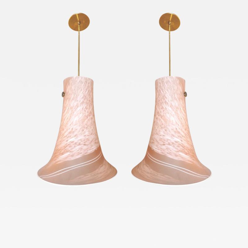 1960s Italian Pair of Pink Rose White Murano Glass Flared Pendants Lamps