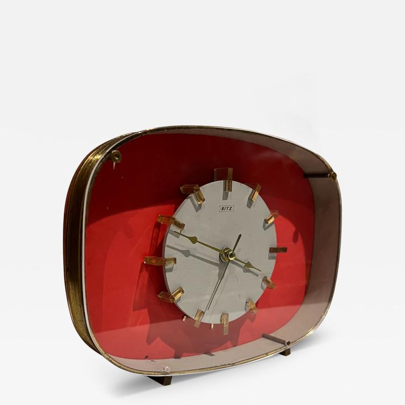 1960s Italy Ritz Pink Art Deco Wind Up Alarm Table Clock in Lucite and Brass