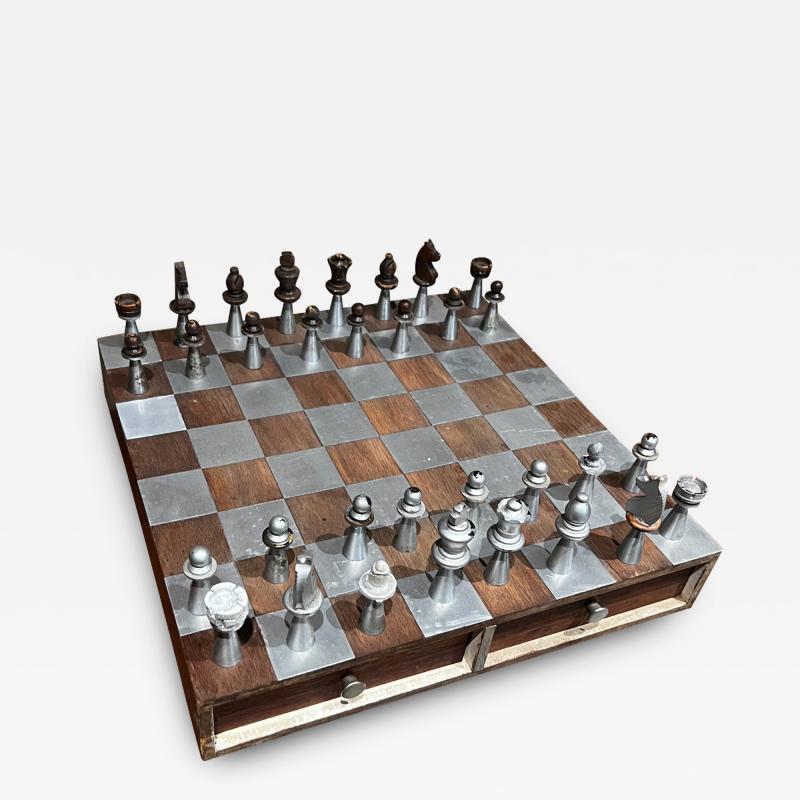 1960s Modernist Striking Chess Game Set Aluminum and Walnut Wood