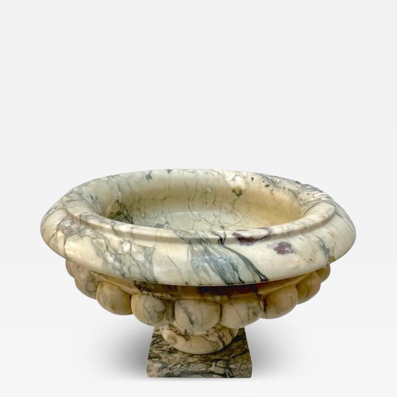 1960s Neoclassical Italian Carved Beige Marble Tazza Bowl with Green Pink Veins