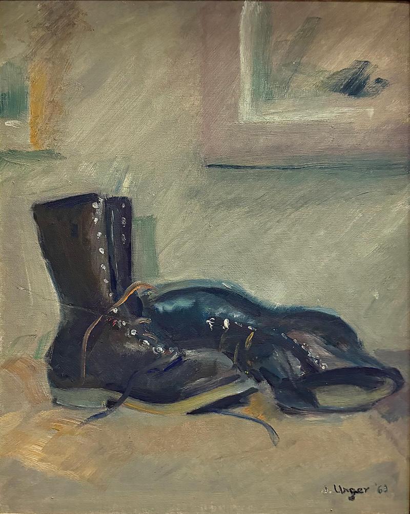 1963 Oil Painting on Board of a pair of Boots Signed Unger
