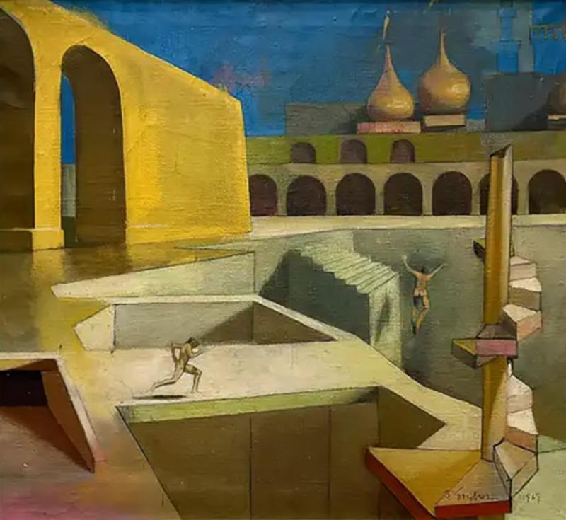 1969 Endres Surrealist Architectural Oil Painting on Canvas Signed New Framing