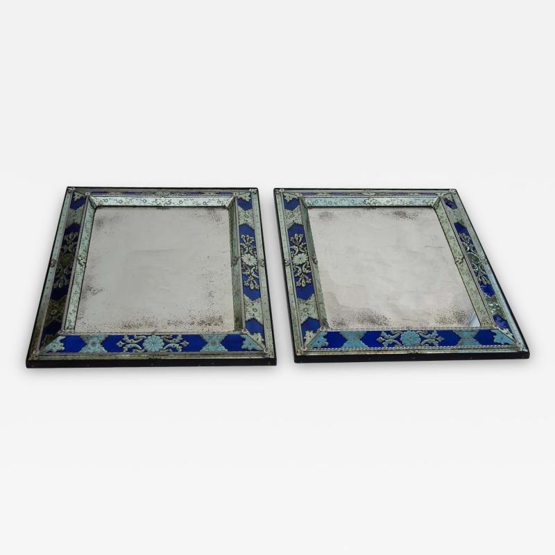 1970 1980 Pair of Louis XIV Style Venice Mirrors with Blue Glass Ornaments