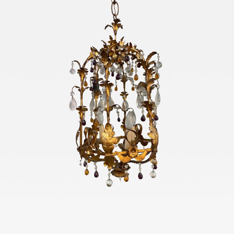 1970 Italian Lantern in Golden Iron with Colored Glass Pendants