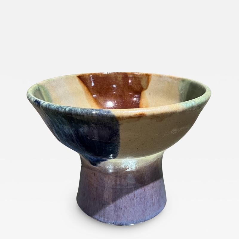 1970s Art Pottery Drip Glazed Pedestal Bowl