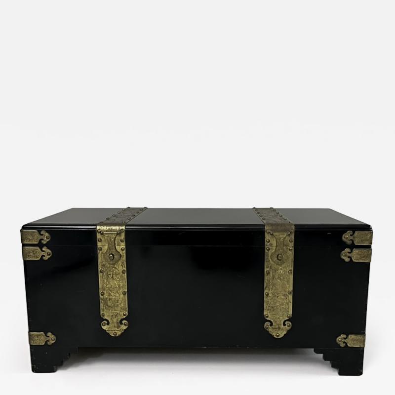 1970s Black Lacquer Coffer with Brass Strapping and Camphor Interior France