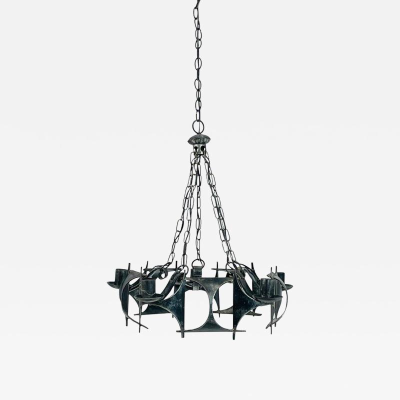 1970s Brutalist Modernist Wrought Iron Chandelier with Geometric Design