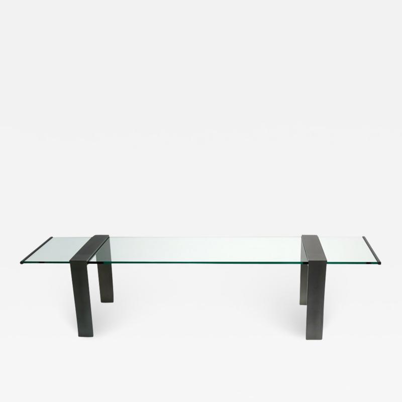 1970s Italian Design Urban Geometric Iron Satin Crystal Clear Long Sofa Table
