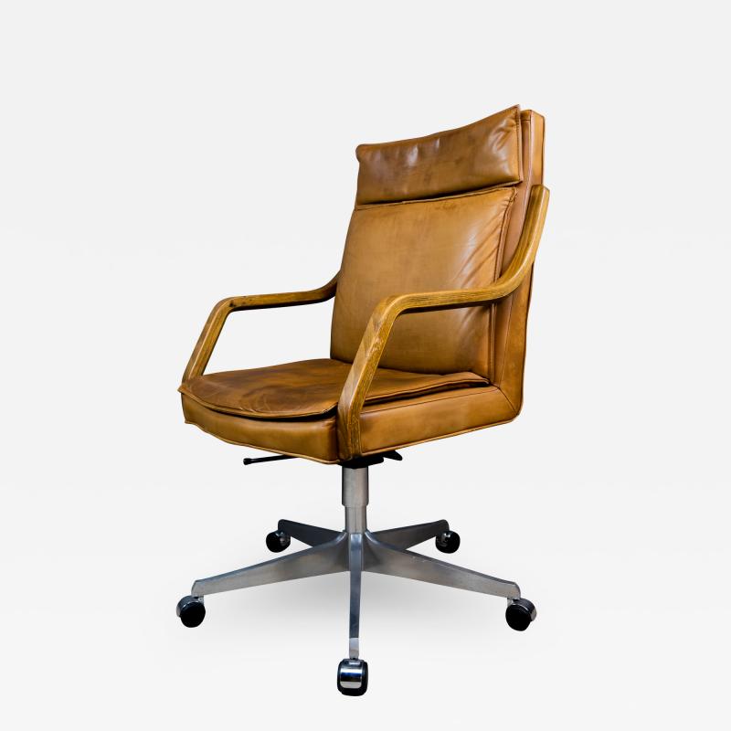 1970s Italian Office Chair in Cognac Leather Cherry Wood