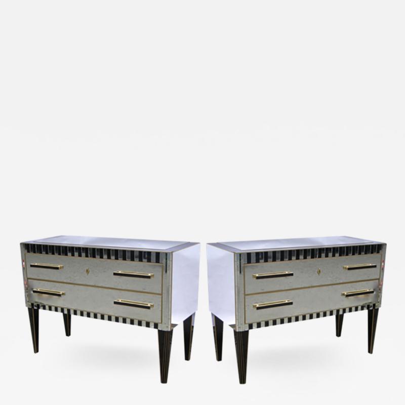1970s Italian Pair of Vintage Mirrored Chests Side Tables with Black Accents
