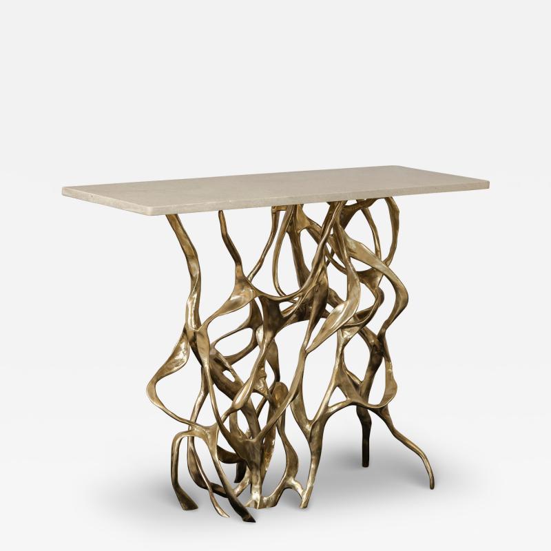 1970s Italian Sculptural Brass and Travertine Console