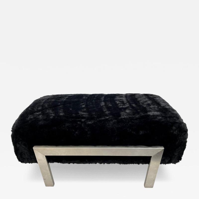 1970s Italian Vintage Black Faux Fur Steel Bed Stool Bench