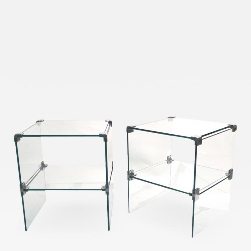 1970s Italian Vintage Pair of Two Tier Nickel Crystal Clear Glass Side Tables