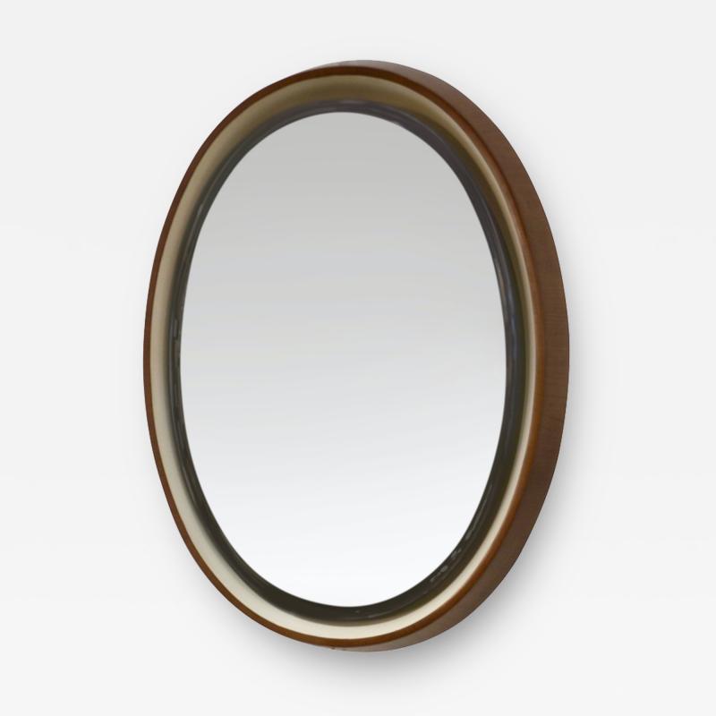 1970s Italian Vintage White Framed Cherry Wood Back Lit Oval Mirror