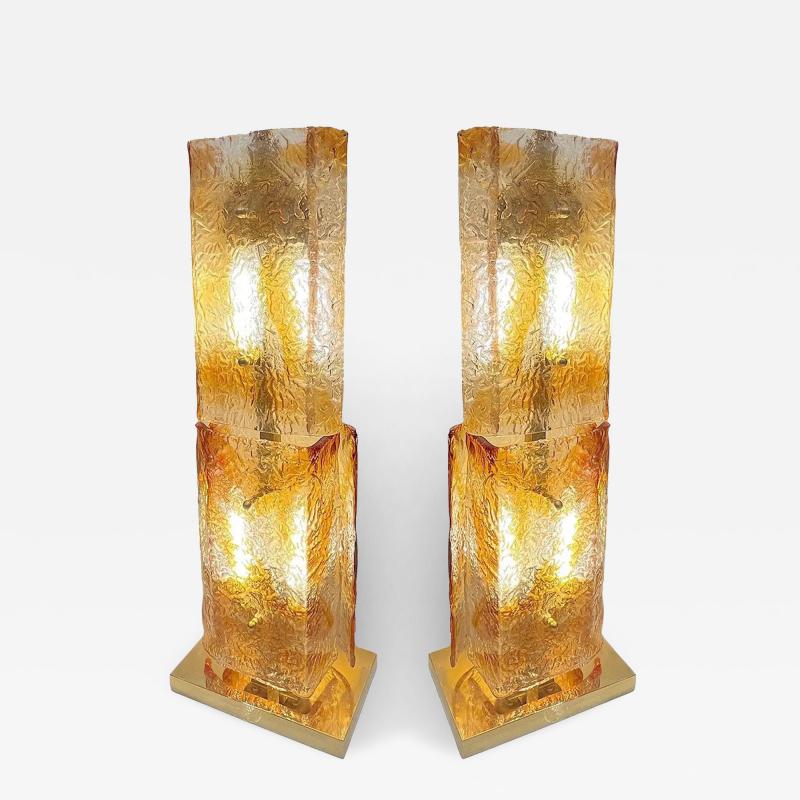 1970s Italy Sculpture Pair Amber Orange Scroll Pattern Murano Glass Table Lamps