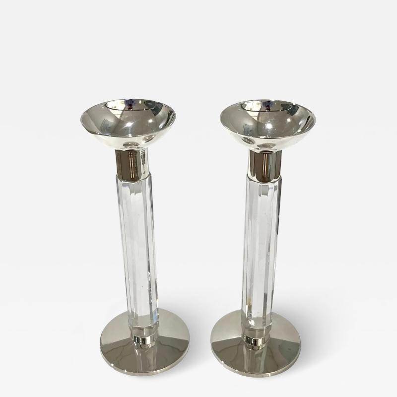 1970s Mid Century Modern French Pair of Crystal Chrome Faceted Candle Holders