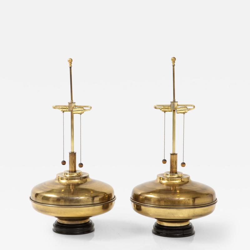 1970s Modern Oversized Brass Table Lamps With Wood Lacquered Bases
